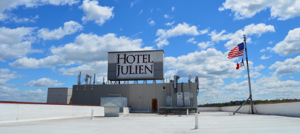 Top of Hotel Julien Dubuque with hotel sign